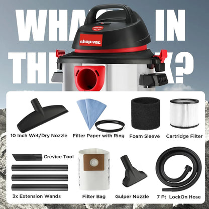 Shop-Vac 5989300, 5 Gallon, 4.5 HP Electric Corded Wet/Dry Vacuum Cleaner for Garage, Silver