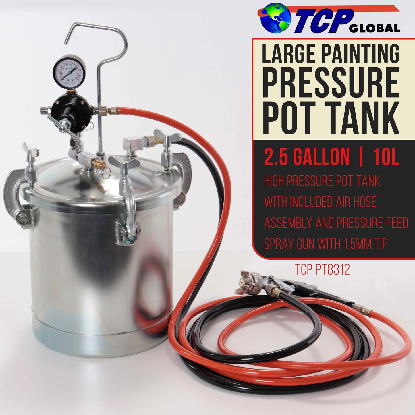 TCP Global Pressure Tank Paint Spray Gun with 1.5 Mm Nozzle 2-1/2 Gal. Pressure Pot & Spray Gun with Hoses