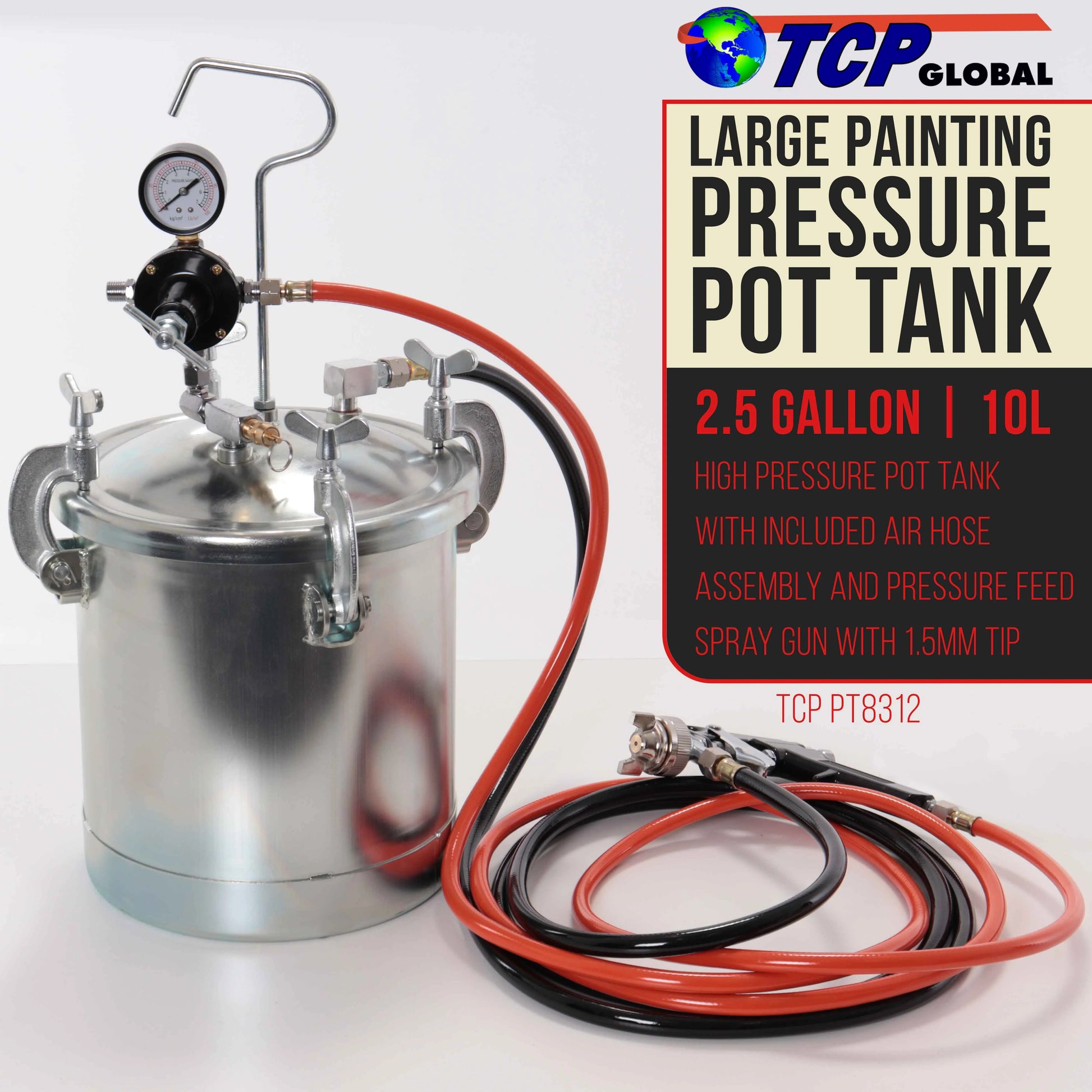 TCP Global Pressure Tank Paint Spray Gun with 1.5 Mm Nozzle 2-1/2 Gal. Pressure Pot & Spray Gun with Hoses