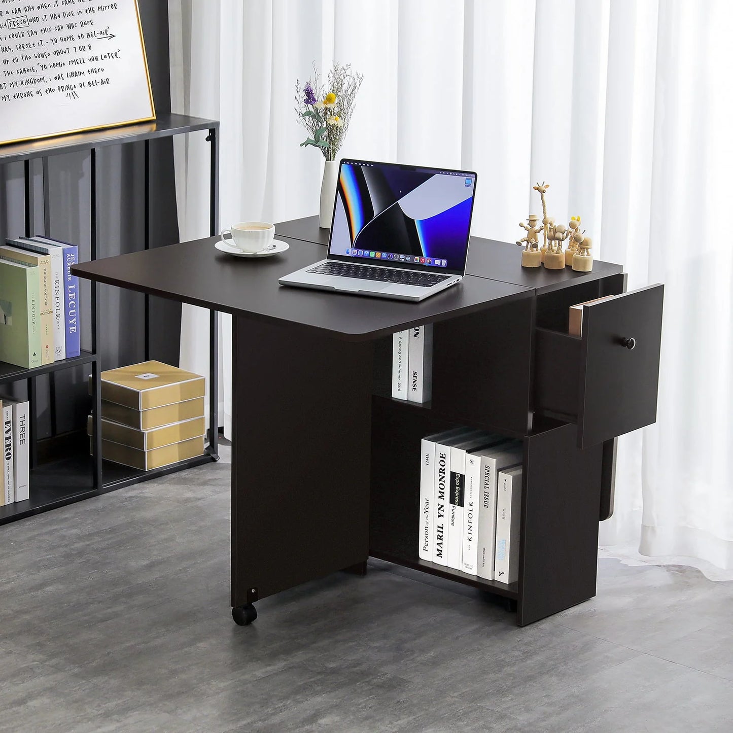 Dinaza Folding Dining Table Drop Leaf Kitchen Table with 2 Drawers for Small Spaces with 6 Wheels and 2-Layer Storage Racks Multifunction Space Saving Table Extension Dinner Table Black Walnut
