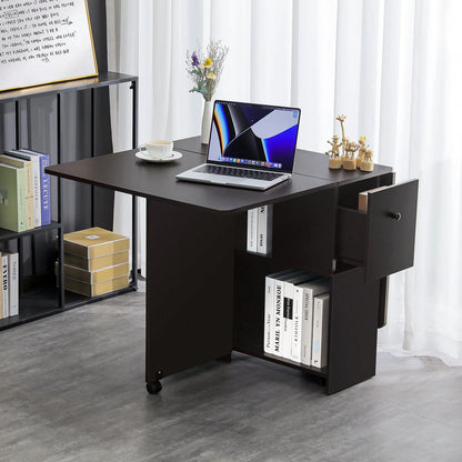 Dinaza Folding Dining Table Drop Leaf Kitchen Table with 2 Drawers for Small Spaces with 6 Wheels and 2-Layer Storage Racks Multifunction Space Saving Table Extension Dinner Table Black Walnut