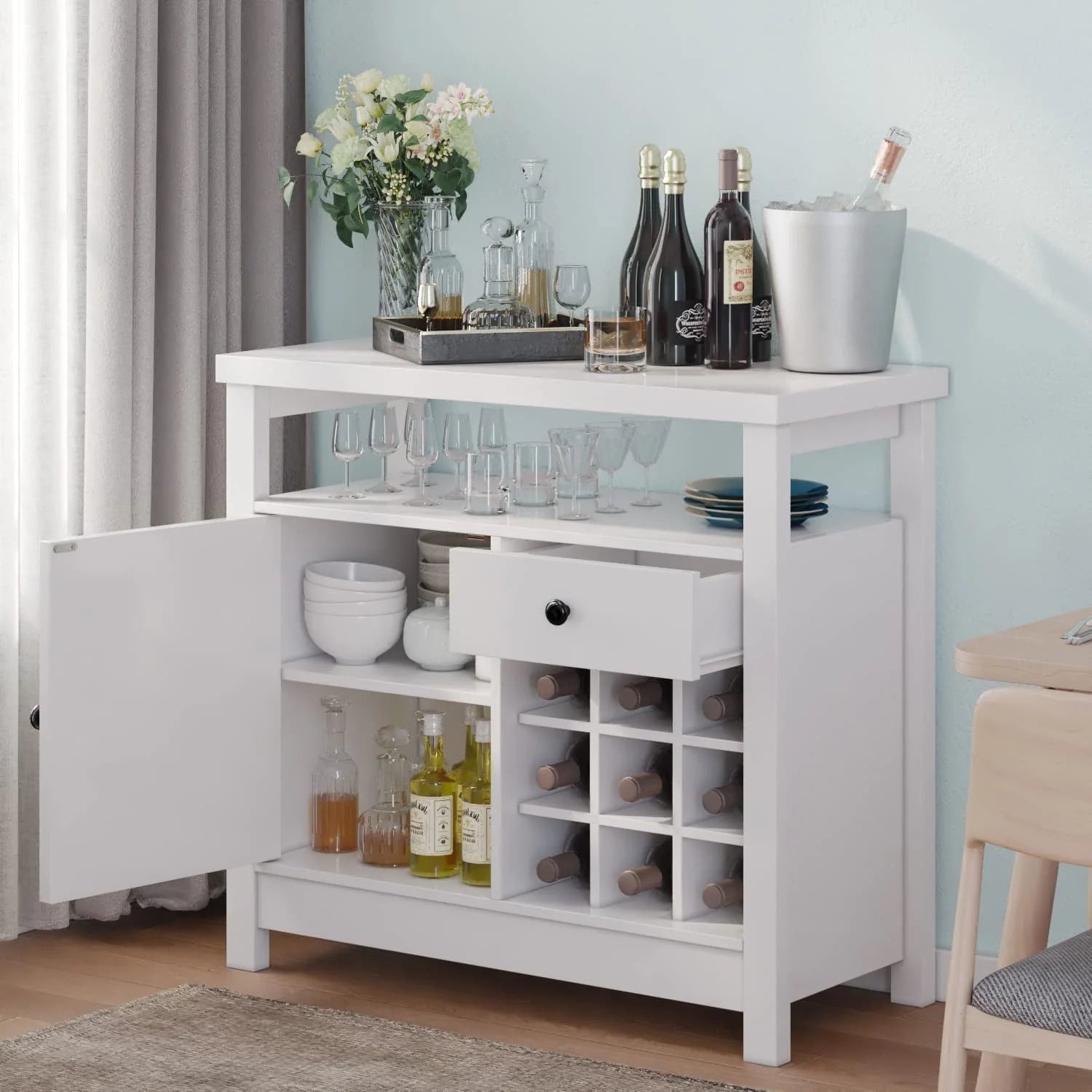 Catrimown Farmhouse Coffee Bar Cabinet, Buffet Sideboard Storage Cabinet with Barn Door and Wine Rack for Kitchen Dining Room, Farmhouse White