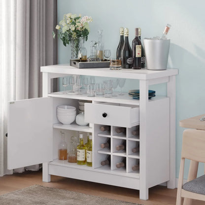 Catrimown Farmhouse Coffee Bar Cabinet, Buffet Sideboard Storage Cabinet with Barn Door and Wine Rack for Kitchen Dining Room, Farmhouse White