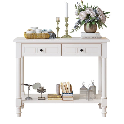 Ktaxon Wooden Console Table with 2 Drawers and Storage Shelf, Sofa Table Entryway Table Side Desk TV Stand for Living Room Hallway Kitchen, Ivory White