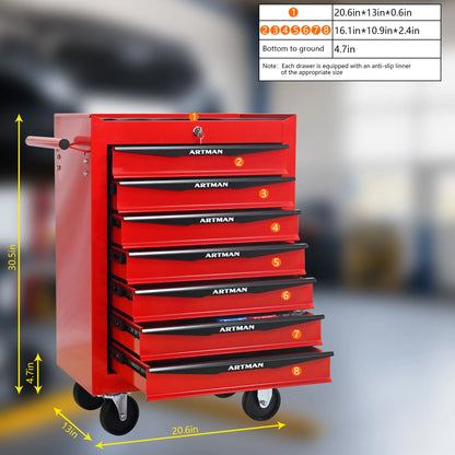 Rolling Steel Tool Chest with 7 Drawers, Ball Bearing Slides & 4-Wheel Mobility - Lockable Storage Cabinet for Workshop or Garage