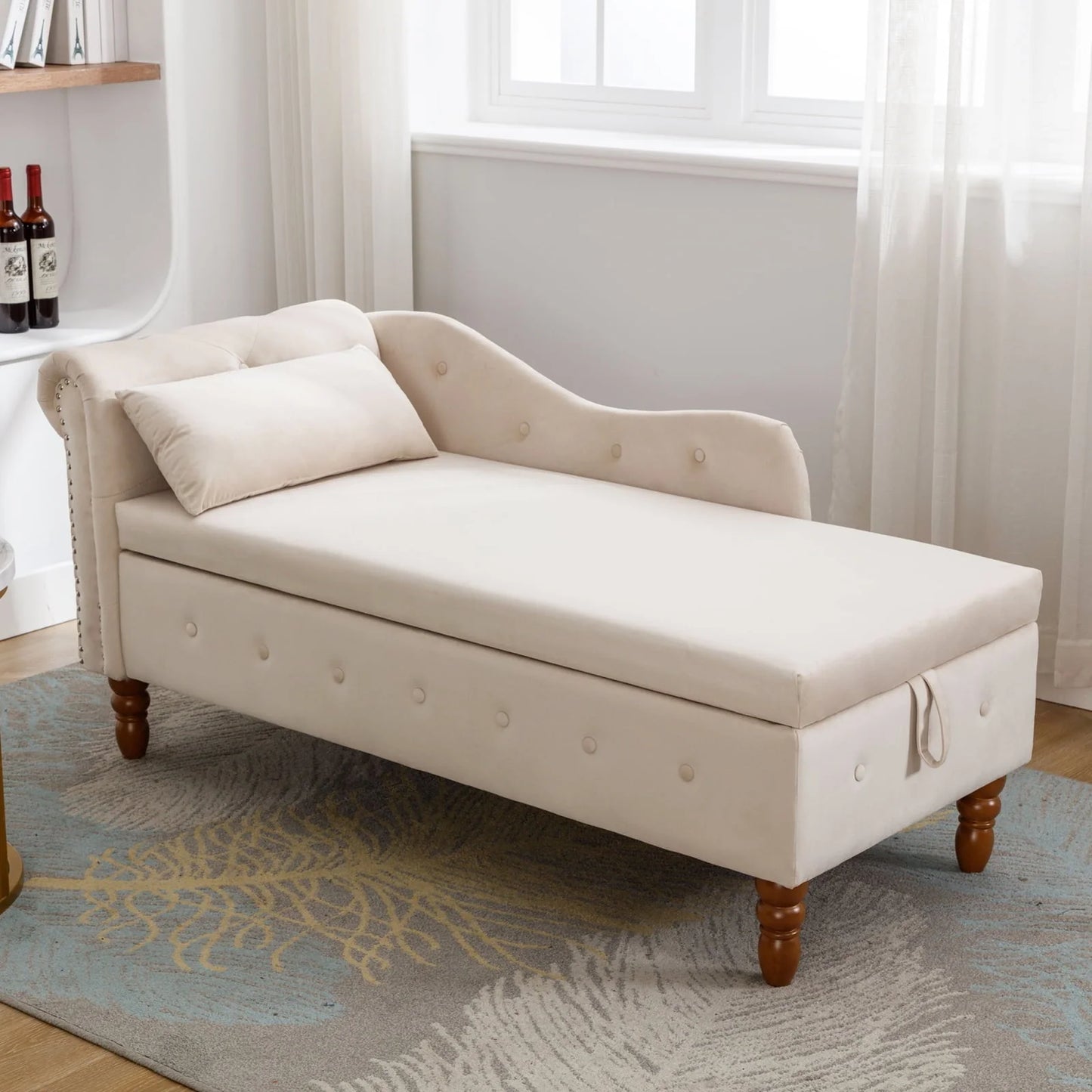 Beige Velvet Chaise Lounge Indoor - Modern Lounge Chair for Bedroom with Storage & Pillow, Nailhead Trim, Perfect for Living Room, Bedroom, Office, Comfortable & Durable