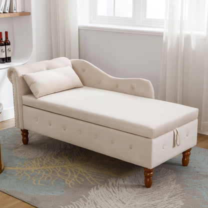 Beige Velvet Chaise Lounge Indoor - Modern Lounge Chair for Bedroom with Storage & Pillow, Nailhead Trim, Perfect for Living Room, Bedroom, Office, Comfortable & Durable