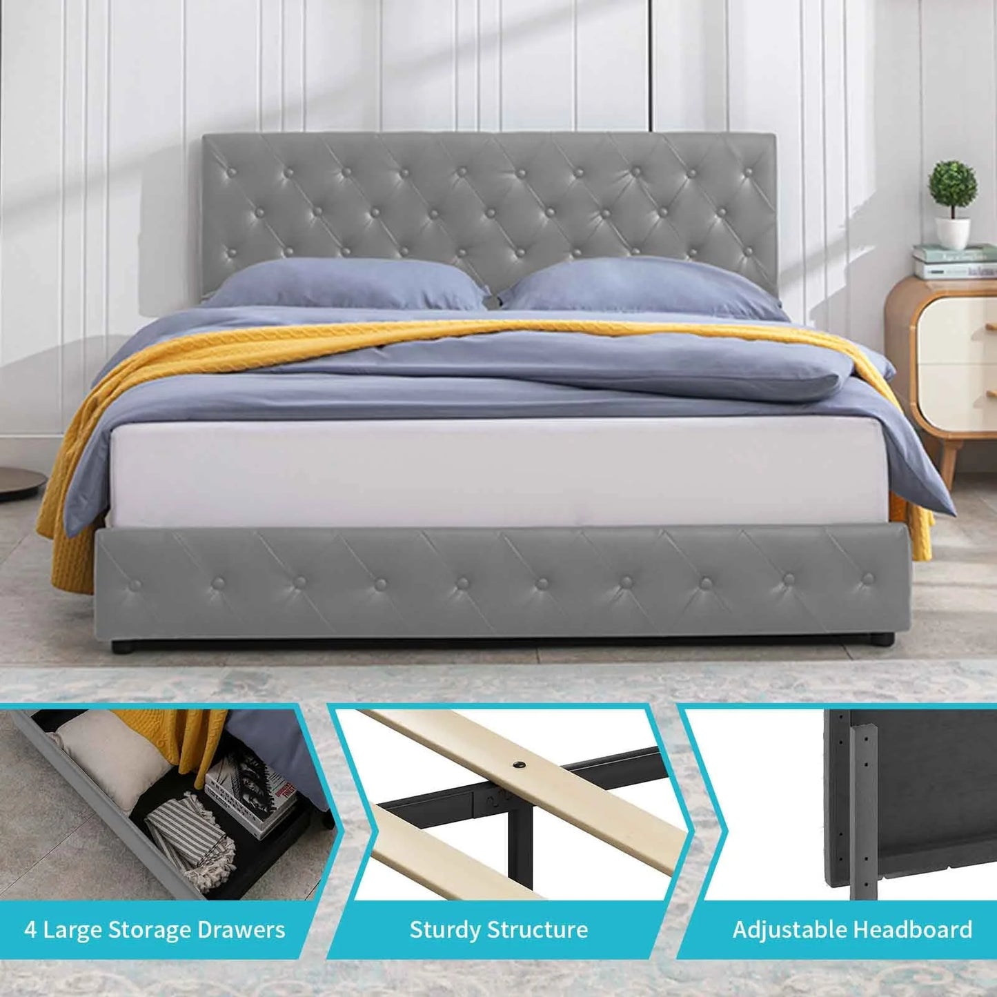 Cecer King Size Upholstered Platform Bed Frame with 4 Storage Drawers, PU Leather Modern Bed Frame with Adjustable Headboard, Easy Assembly Grey