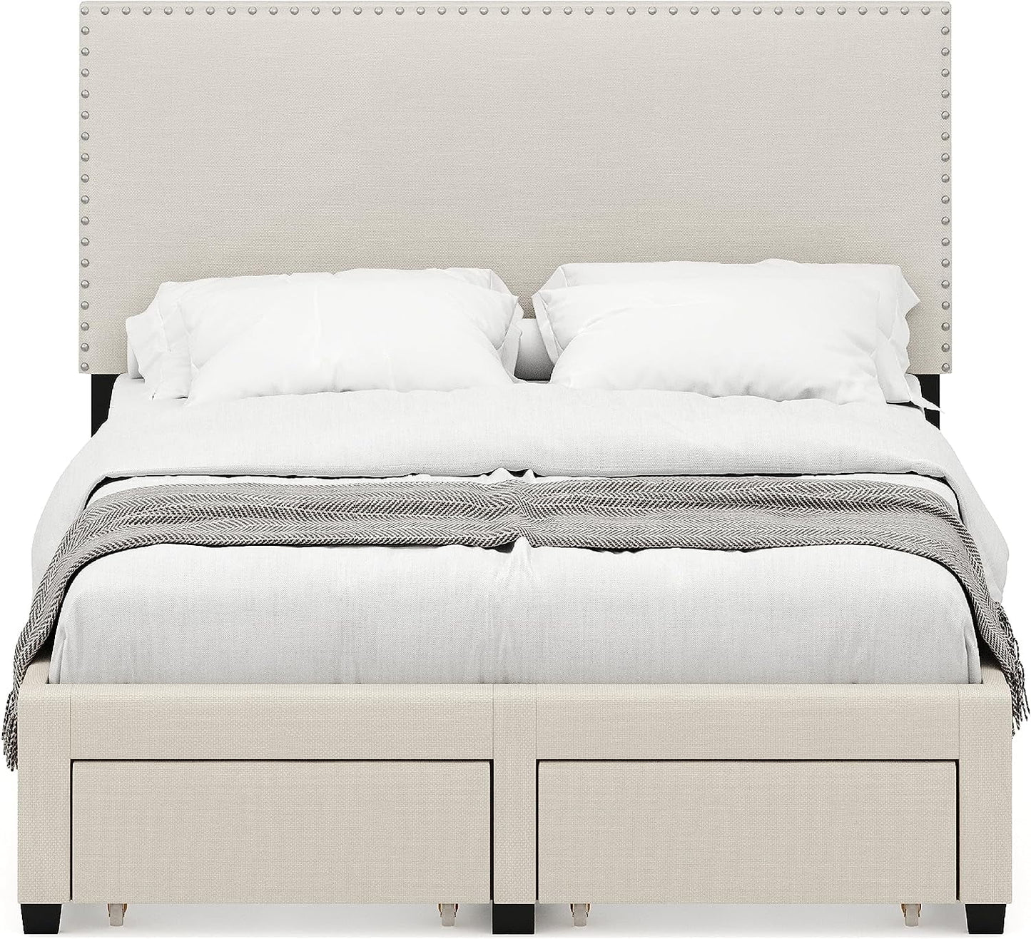 DG Casa Lucas Nailhead Trim Upholstered Platform Bed Frame with Storage, Queen Size, Beige