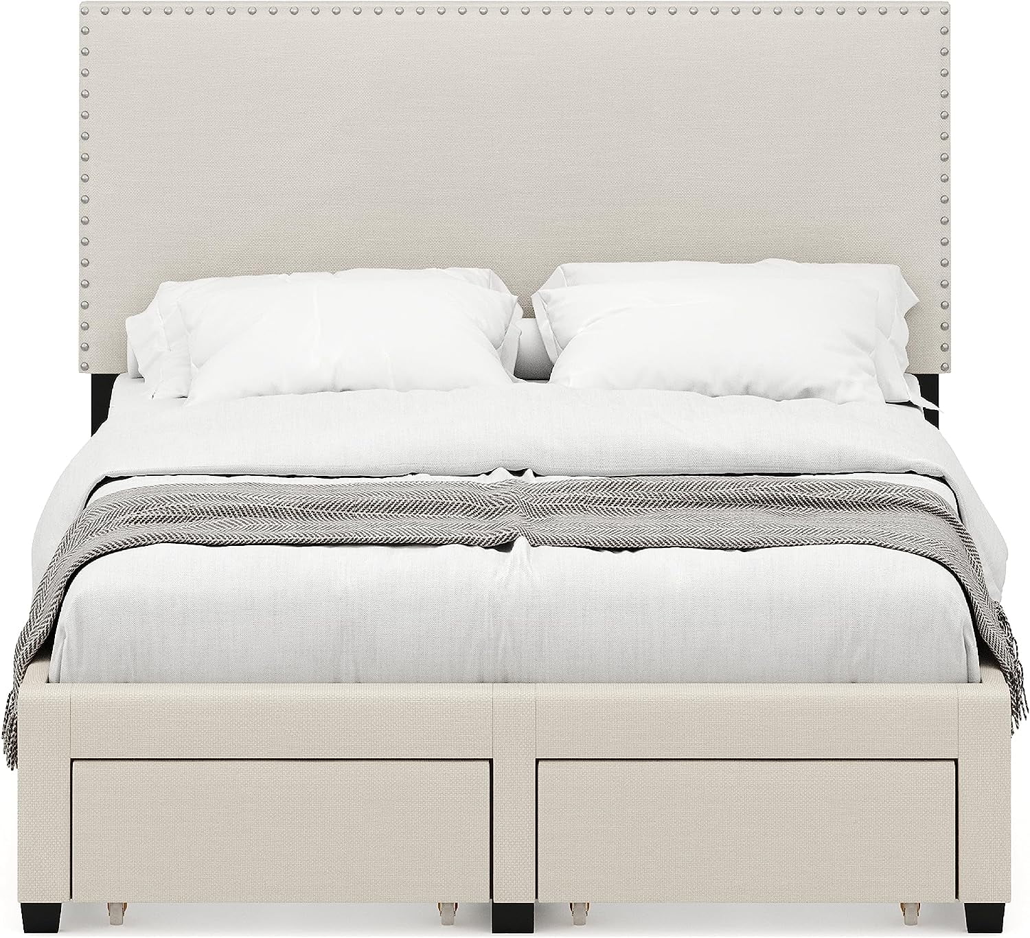 DG Casa Lucas Nailhead Trim Upholstered Platform Bed Frame with Storage, Queen Size, Beige