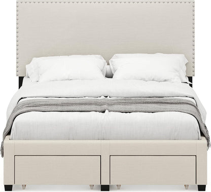 DG Casa Lucas Nailhead Trim Upholstered Platform Bed Frame with Storage, Queen Size, Beige