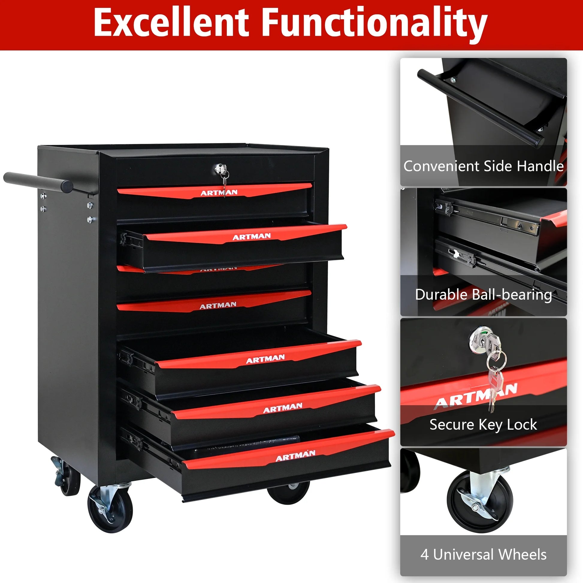 7-Drawer Rolling Tool Chest, Garage Tool Box & Cabinet Large Capacity, Lockable Tool Box Organizer on Wheels with Sliding Drawers, Black