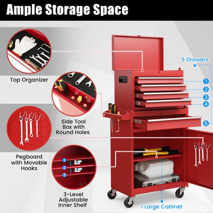 Barara King Tool Rolling Cabinet Toolbox Organizer Chest,2-in-1 Tool Chest and Cabinet with 5 Sliding Drawers-Red