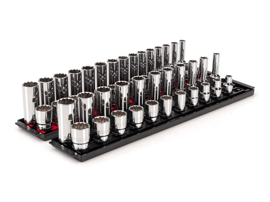 TEKTON 1/2 Inch Drive 12-Point Socket Set with Rails, 52-Piece (3/8-1 in., 10-24 mm) | SHD92214
