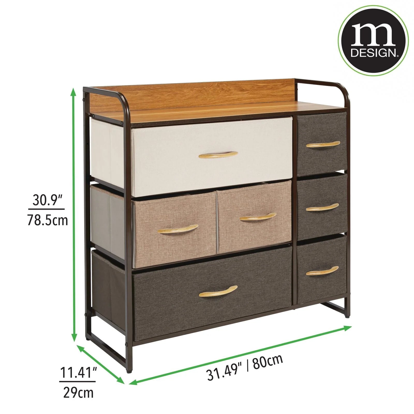 mDesign Large Storage Dresser Furniture with 7 Fabric Drawers, Multi/Dark Brown