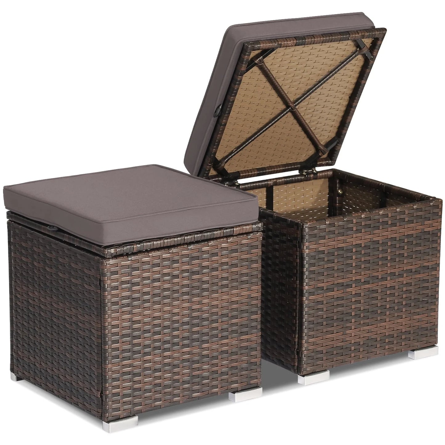 Costway 2PC Patio Rattan Ottoman Seat Side Table Storage Box Footrest Off White