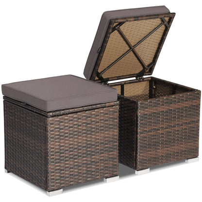 Costway 2PC Patio Rattan Ottoman Seat Side Table Storage Box Footrest Off White