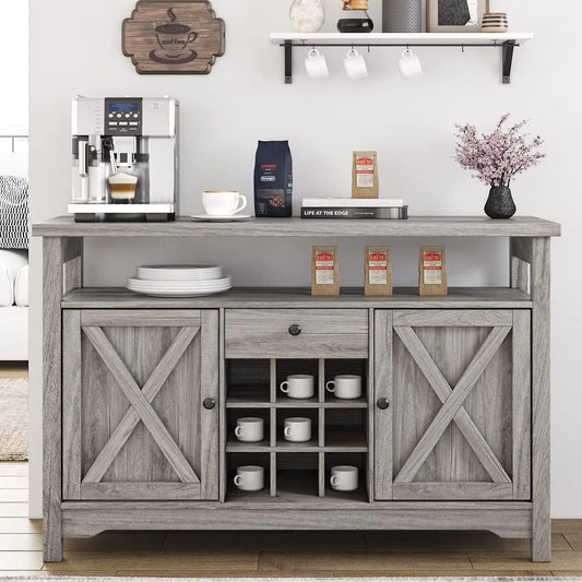 Catrimown Farmhouse Coffee Bar Cabinet, 47" Sideboard Buffet Cabinet with Barn Door, Buffet Storage Cabinet with Removable Wine Rack, Farmhouse Gray