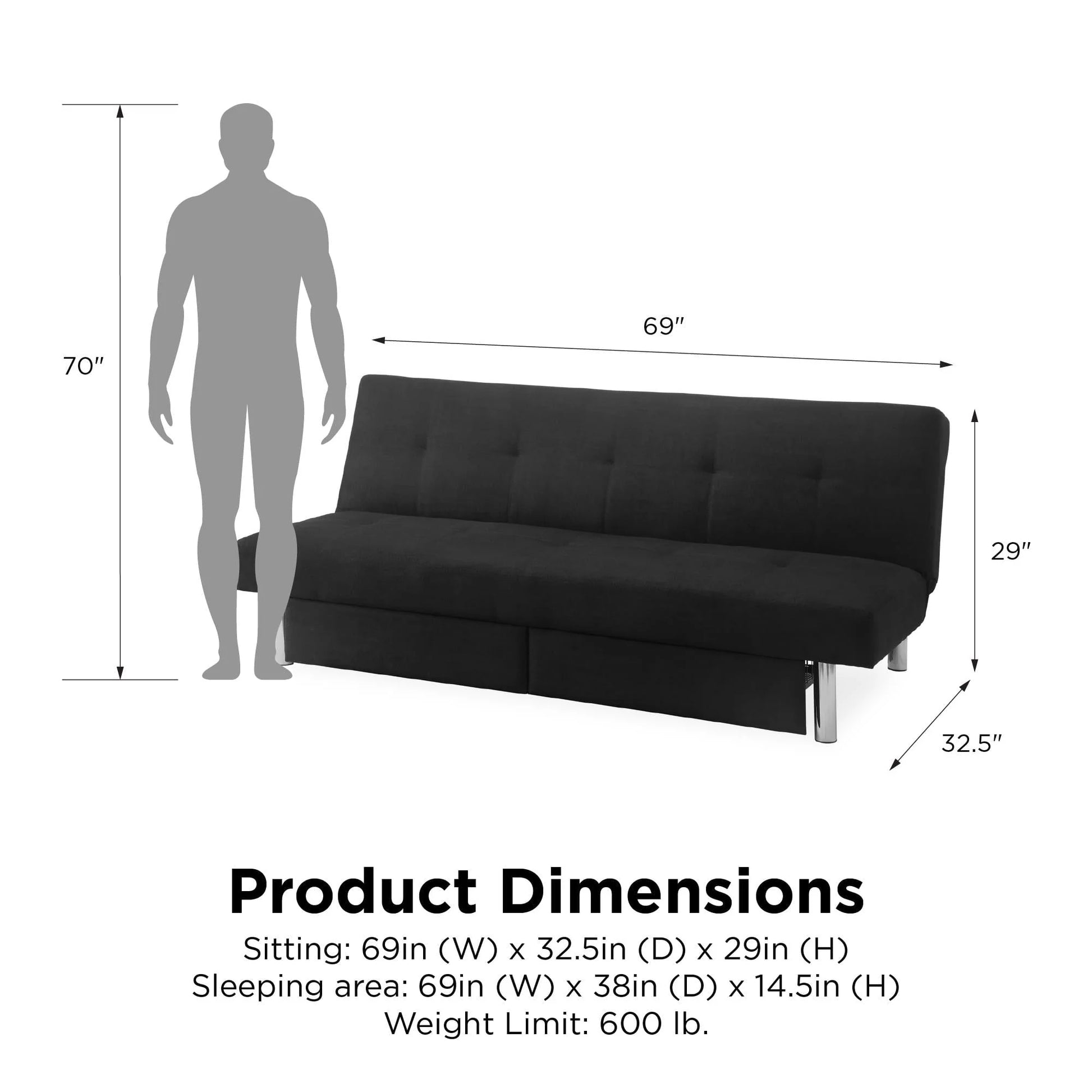 DHP Sola Storage Futon with Storage Drawers, Black Microfiber