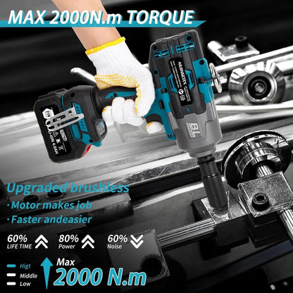 2000Nm(1500ft-lbs) Cordless Impact Wrench,3/4 inch High Torque Brushless Impact Gun, 5500RPM Power Batt ery Impact Wrench w/2 x 4.0Ah Bat tery, Fast Charger for Heavy Duty Truck Mower