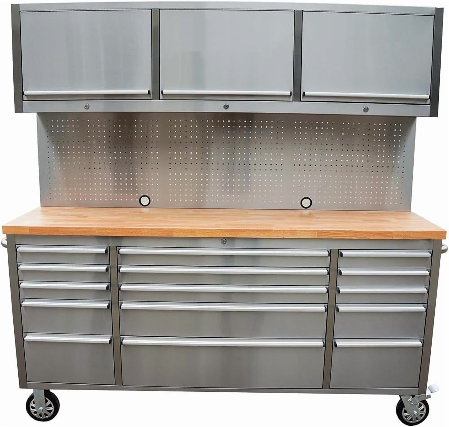 72 Inch Stainless Steel Rolling Tool Chest with 15 Drawers + 3 Upper Cabinets, Mobile Workbench, Assembled Large Tool Box Lockable Storage Cabinet with Wheels for Garage Workshop