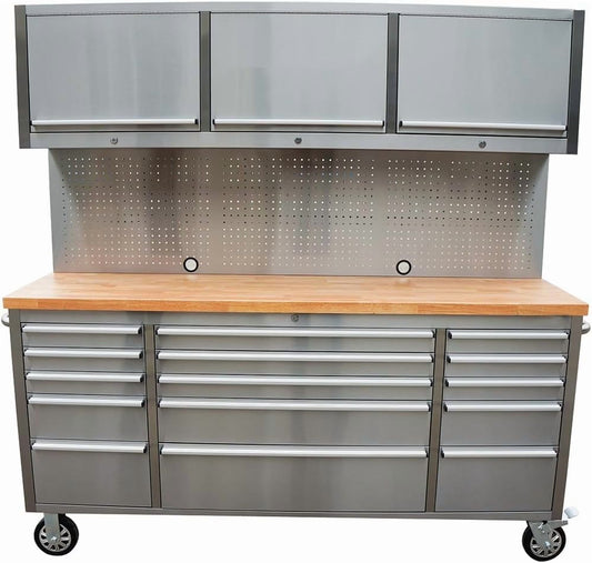 72 Inch Stainless Steel Rolling Tool Chest with 15 Drawers + 3 Upper Cabinets, Mobile Workbench, Assembled Large Tool Box Lockable Storage Cabinet with Wheels for Garage Workshop