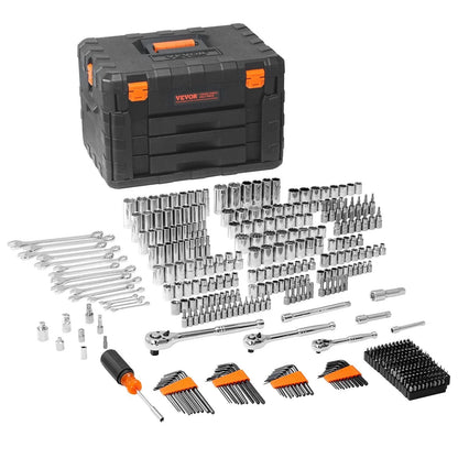 450-Piece Mechanics Tool Set with 1/4", 3/8", 1/2" Drive Sockets - SAE & Metric, Includes Wrenches, Bits, Case