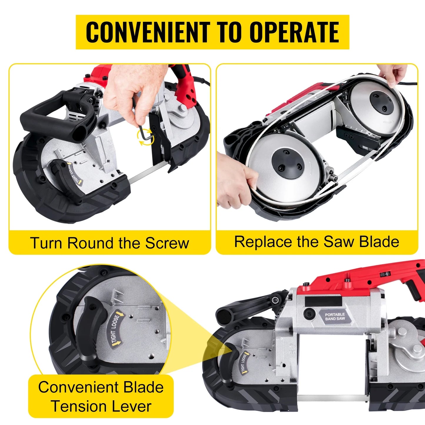 KFFKFF Portable band saw, 110V removable alloy steel base rechargeable band saw, 5 inch cutting capacity handheld band saw, variable speed portable band saw, 10 amp motor, deep cutting band saw for
