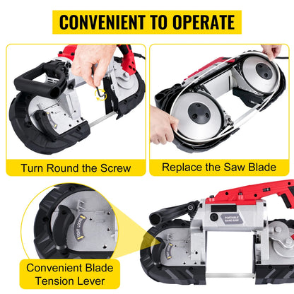 KFFKFF Portable band saw, 110V removable alloy steel base rechargeable band saw, 5 inch cutting capacity handheld band saw, variable speed portable band saw, 10 amp motor, deep cutting band saw for