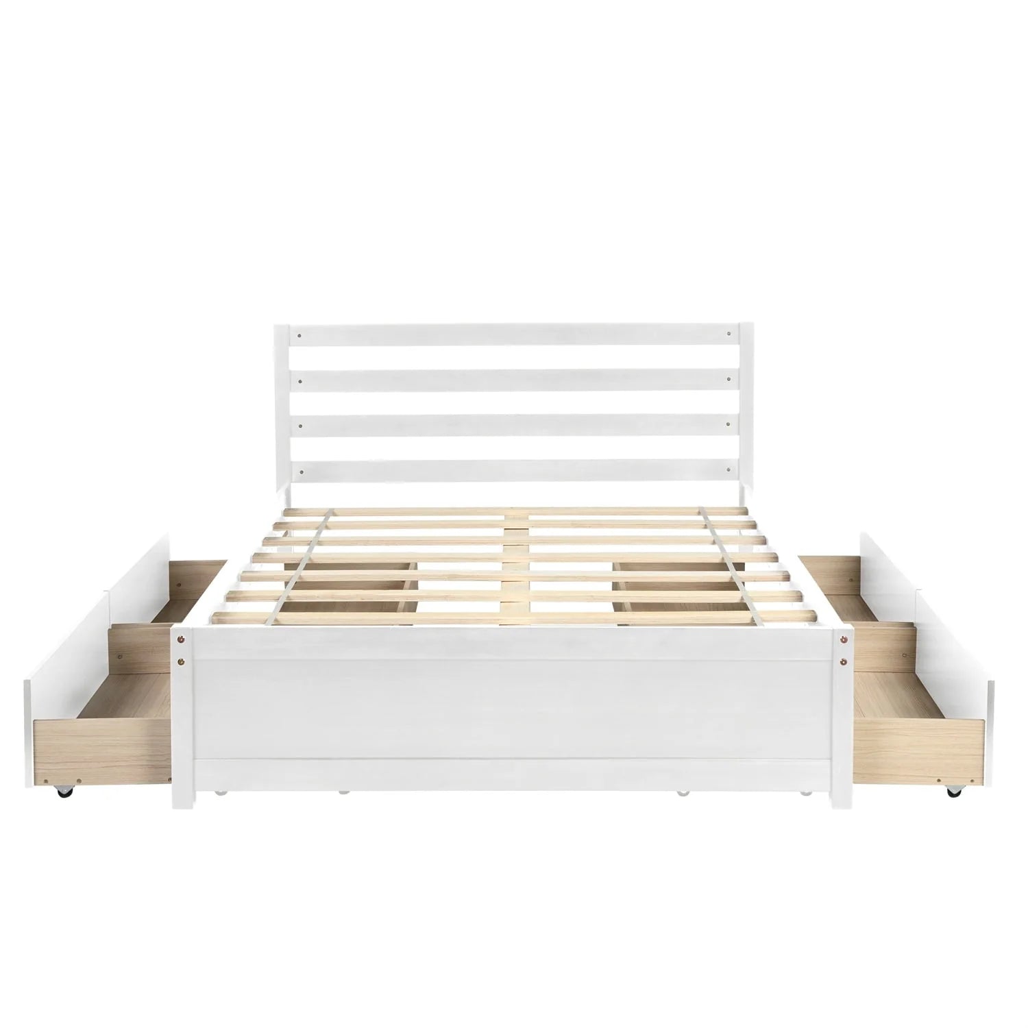 Full Size Platform Bed with 4 Storage Drawers, Solid Wood Bed Frame with Headboard and Slat Support, Storage Bed Frame for Kids Adults Bedroom, Easy Assembly, White