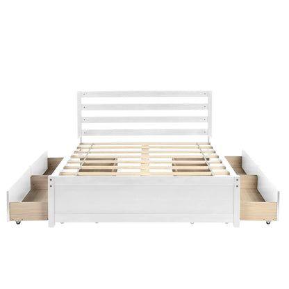 Full Size Platform Bed with 4 Storage Drawers, Solid Wood Bed Frame with Headboard and Slat Support, Storage Bed Frame for Kids Adults Bedroom, Easy Assembly, White