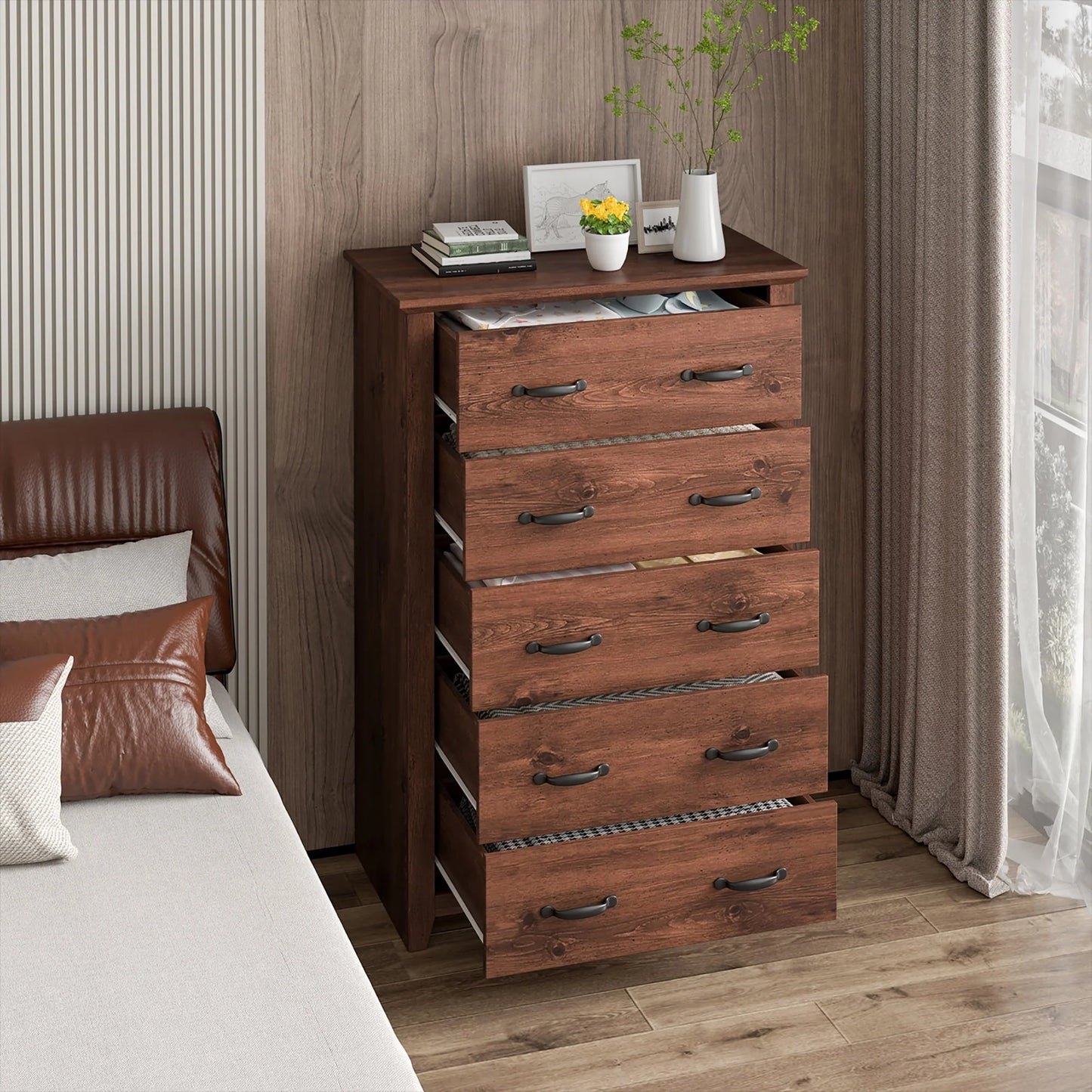 Costway 5 Drawer Chest Storage Dresser Tall Cabinet Organizer Bedroom Hallway Walnut