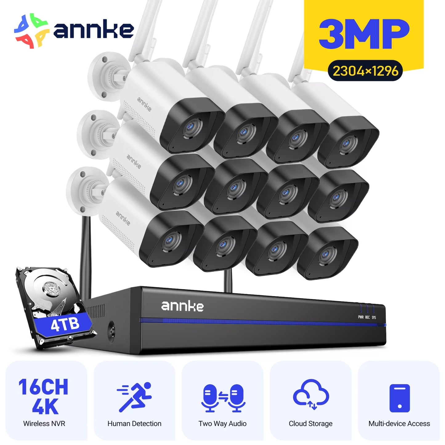 ANNKE Outdoor Bullet Cameras System, Expandable 16CH 4K NVR with 8 Cam 3MP, 4TB HDD, Wireless WiFi Cameras,100ft Night Vision, 2-Way Audio, Dual-Band WiFi, Human Detection, Remote Access, IP66-rated
