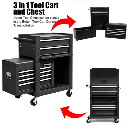 Aukfa Tool Box, 3 in 1 Steel Rolling Tool Chest w/6-Drawers & 2 Cabinet for Garage Workshop, Black