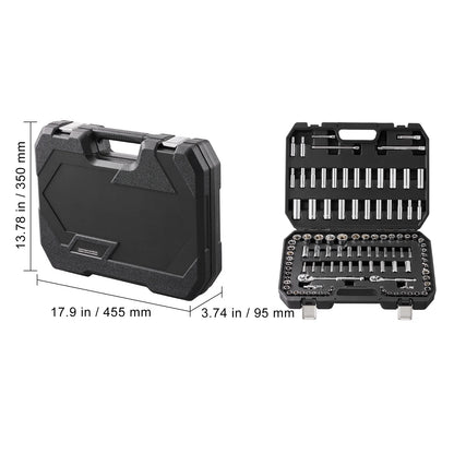SKYSHALO Socket Set, 1/4" and 3/8" Drive Socket and Ratchet Set, 6-Point Socket Opening, 106 Pcs Tool Set SAE and Metric, Deep and Standard Sockets, 5/32-1 in, 5-19 mm for Auto Repairing & Household