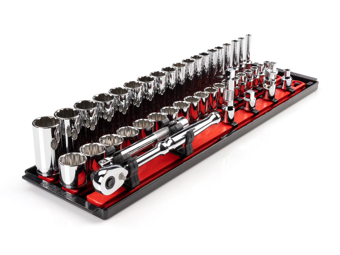 TEKTON 3/8 Inch Drive 12-Point Socket and Ratchet Set with Rails, 44-Piece (6-24 mm) | SKT13202