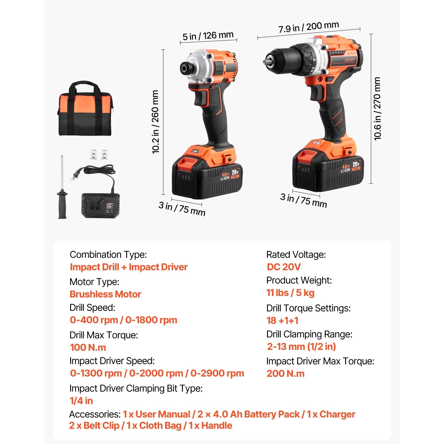 KFFKFF Instrument Set, Cordless 20V Maximum 2-Instrument Set, Incorporating 1/2 inch Impact Drill and 1/4 inch Impact Driver, Compact Wireless Power Instrument Set with 4.0 Ah Batteries, Bolts