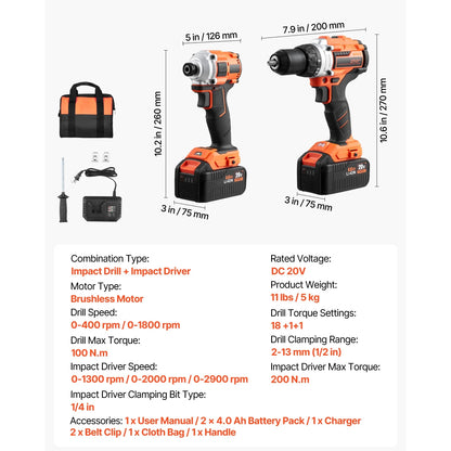 KFFKFF Instrument Set, Cordless 20V Maximum 2-Instrument Set, Incorporating 1/2 inch Impact Drill and 1/4 inch Impact Driver, Compact Wireless Power Instrument Set with 4.0 Ah Batteries, Bolts