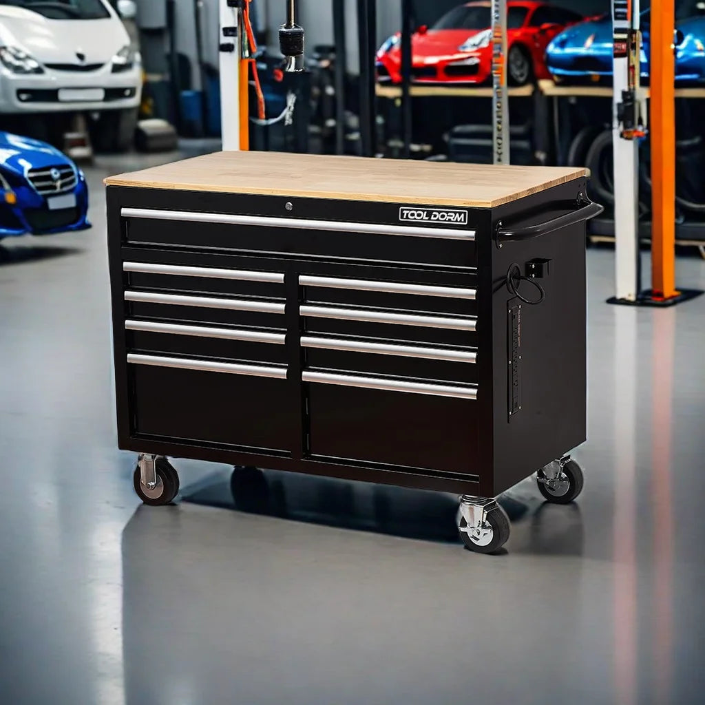 Rolling Tool Chest Extra-Deep 46In 9-Drawers, Mobile Tool Storage Cabinet/Work Bench with Wooden Top/Power Strip, Equipped with Casters, Handle, Liner, and Locking System, 1200 lbs Capacity