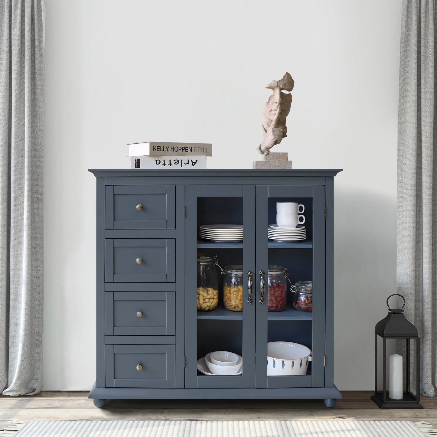 VEIKOUS Buffet Sideboard Storage Cabinet Kitchen Freestanding Cupboard Buffet Server for Dining Room, Dark Blue