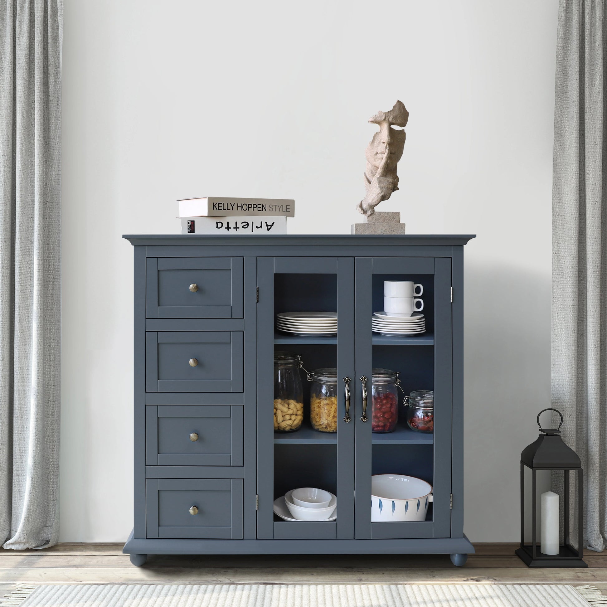 VEIKOUS Buffet Sideboard Storage Cabinet Kitchen Freestanding Cupboard Buffet Server for Dining Room, Dark Blue