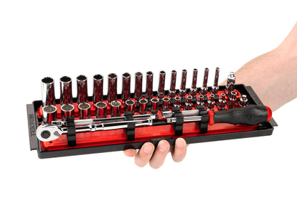TEKTON 1/4 Inch Drive 12-Point Socket and Ratchet Set with Rails, 35-Piece (4-15 mm) | SKT03202