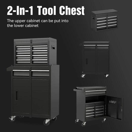 Rolling Tool Box, 5-Drawer Tool Chest On Wheels, Heavy Duty Garage Storage Cabinet with Top Box, 154pcs tools, Detachable Tool Organizer Lockable