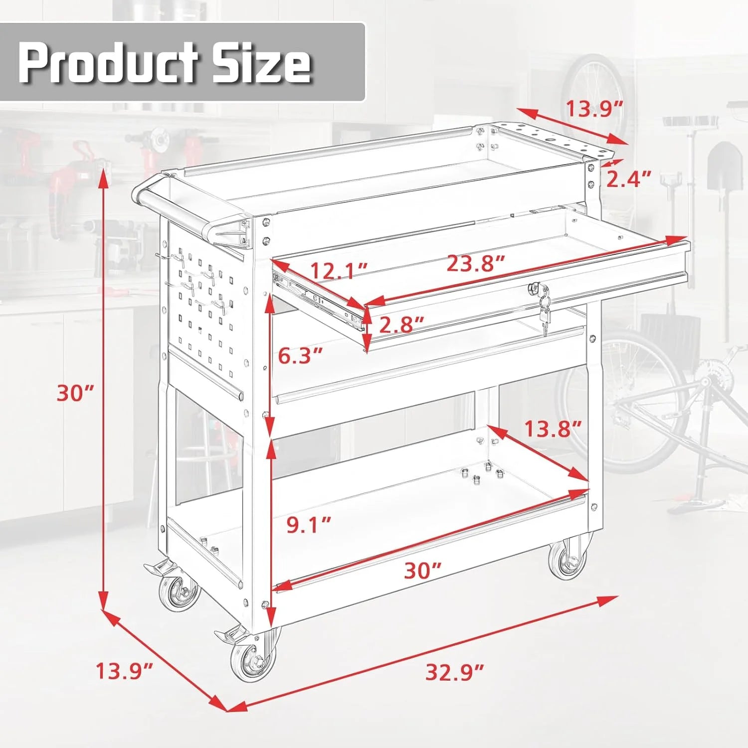 Odaof 4-Wheel Big Rolling Tool Storage Cart with Ball-Bearing Slides for Garage and Warehouse (Orange)