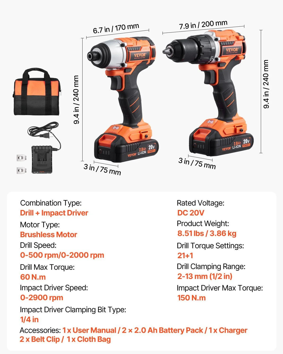 Tool Combo Kit Max 20V Cordless 2-Tool Set with 1/2 in Drill, 1/4 in Impact Driver, Brushless Motor, LED Light, and 2.0Ah Batteries for Professional DIY, Renovation, Repair, and Construction
