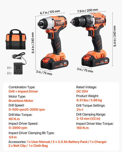 Tool Combo Kit Max 20V Cordless 2-Tool Set with 2.0 Ah Batteries, Ideal for DIY Projects