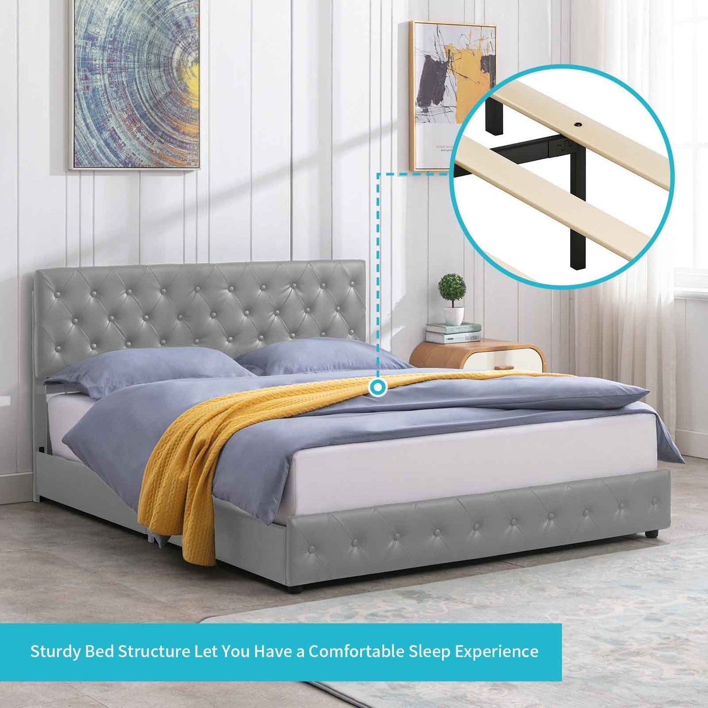 Cecer King Size Upholstered Platform Bed Frame with 4 Storage Drawers, PU Leather Modern Bed Frame with Adjustable Headboard, Easy Assembly Grey