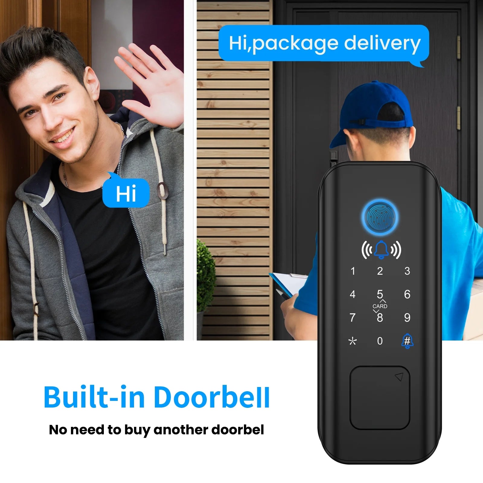AUOSHI Security Smart Lock Fingerprint Door latch Keyless Entry Wi-Fi Door Lock Wireless Electronic Deadbolt with Touchscreen Keypad doorbell key IC Card App Control IP65 Waterproof Matte Black