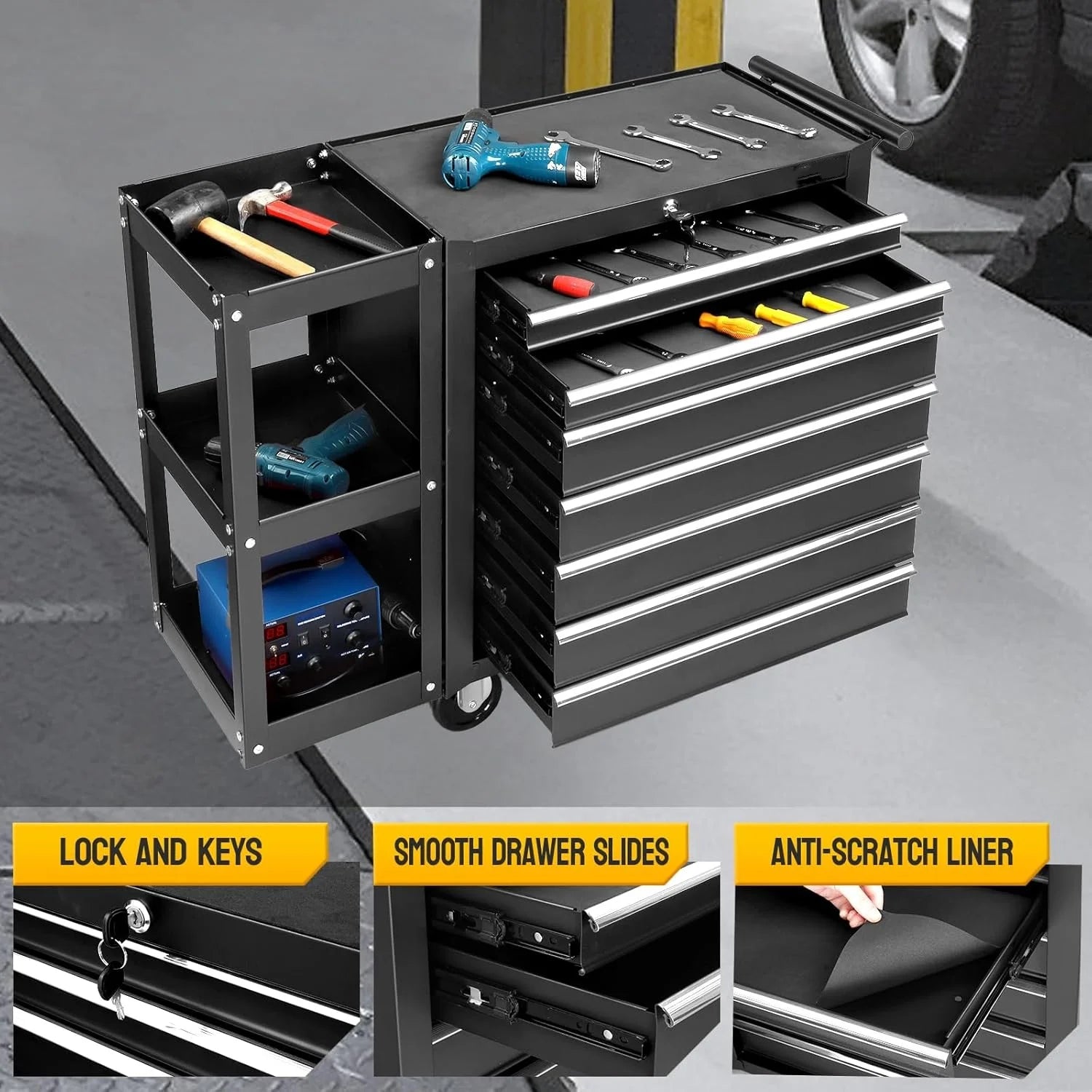 Ktaxon 7-Drawer Rolling Tool Chest with Side Shelves, Tool Storage Side Cabinet w/Lockable Wheels, for Warehouse Garage Repair Shop