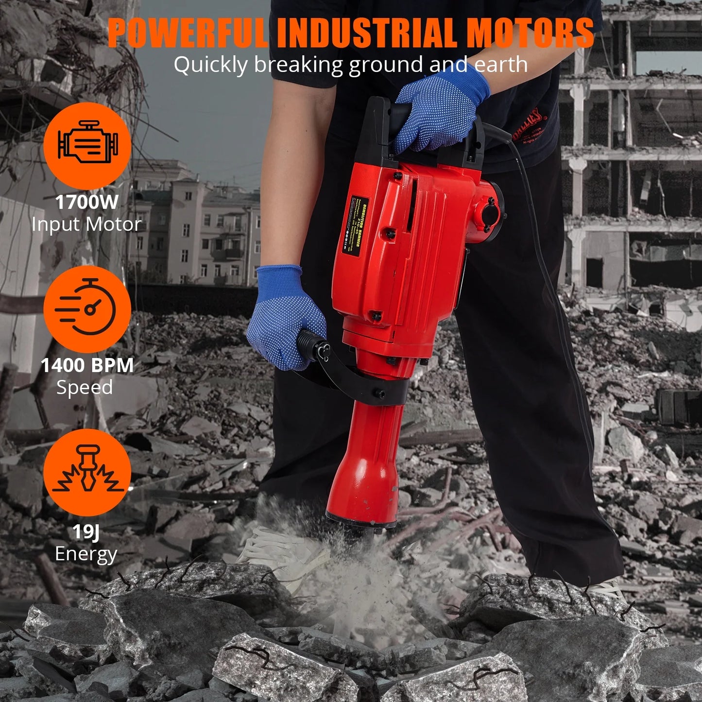 3-piece set 65A 1700W 4 110 Hammer Drill 2200w Electric Demolition Jackhammer Set - Jack Hammer Powerful Performance, 2 Chisels, Gloves, Tool Box, Wrench. Ideal For Superior Demolition Jobs